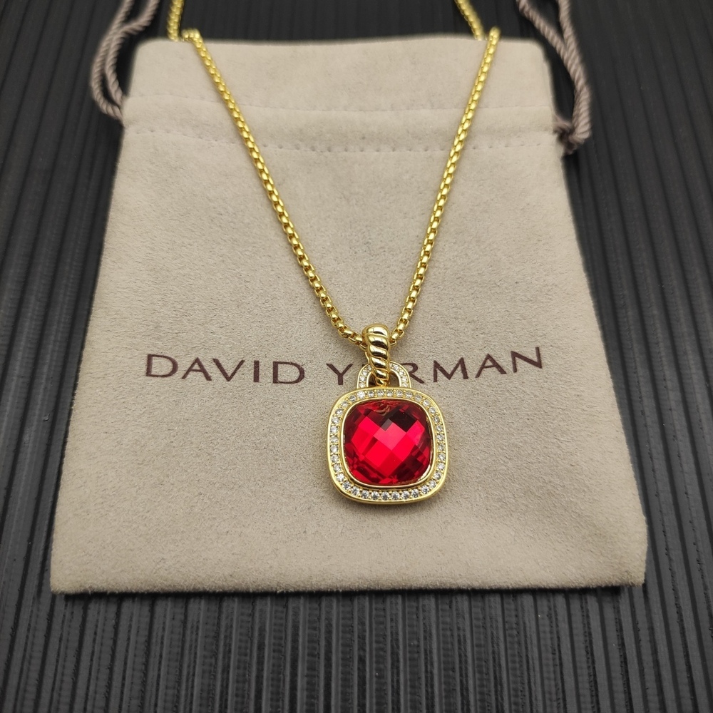 David Yurman Gold and Red Diamond Center Stone Square Diamond Necklace
